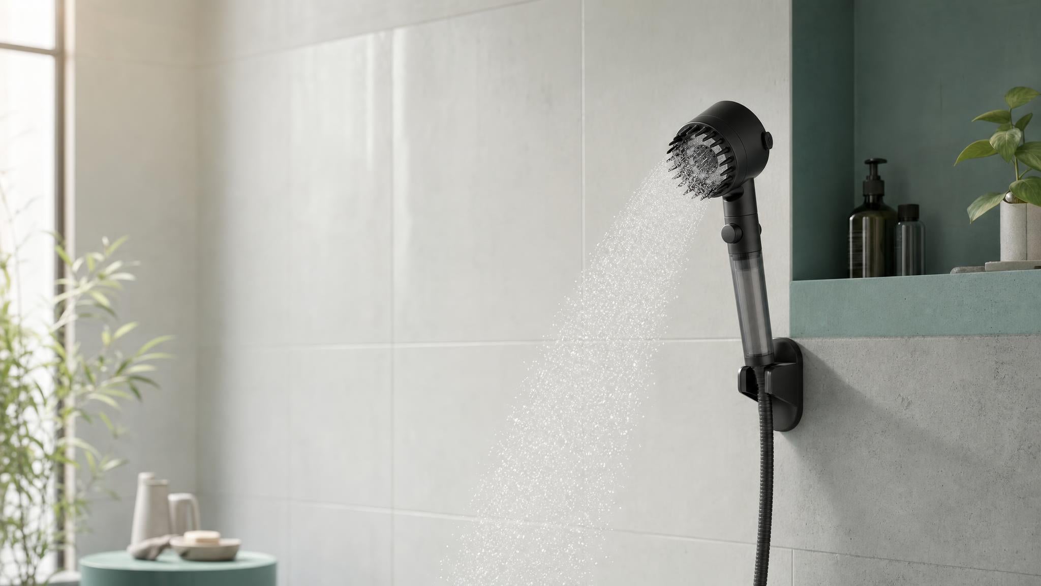 Filtered shower head with a fine rain spray in a bright bathroom