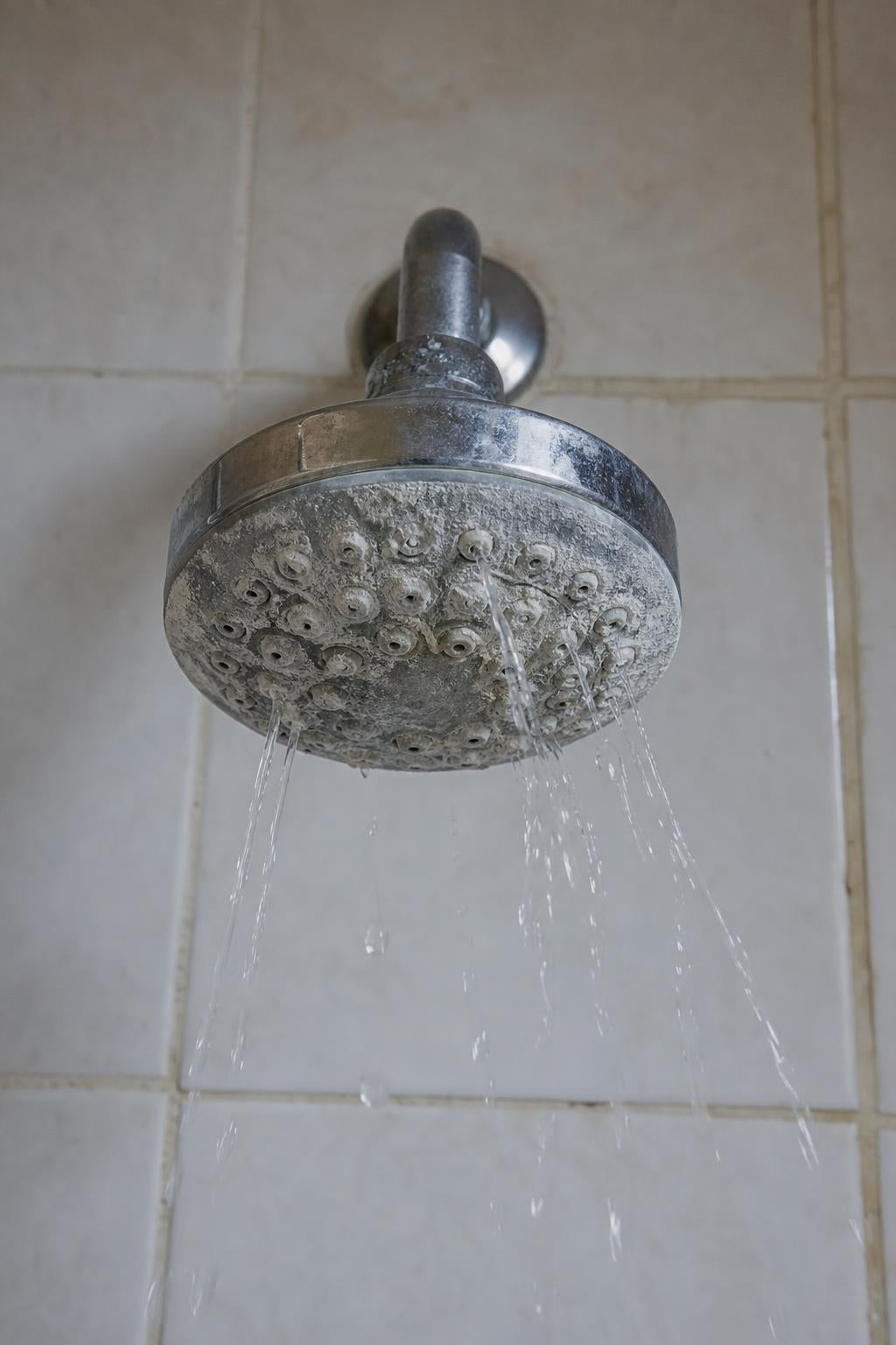 Old shower head crusted with mineral buildup